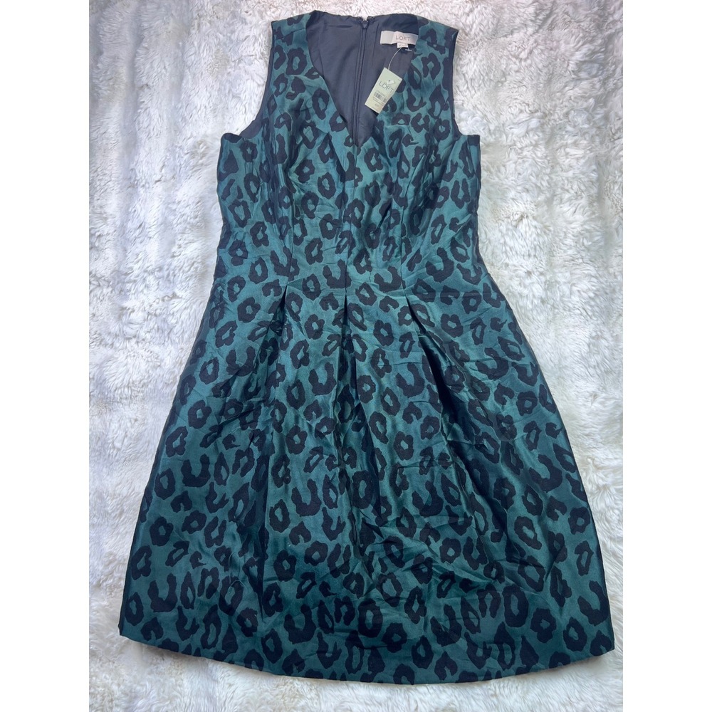 Ann Taylor Loft Green Black Leopard Print V-Neck Fit Flare Dress 6P  A35